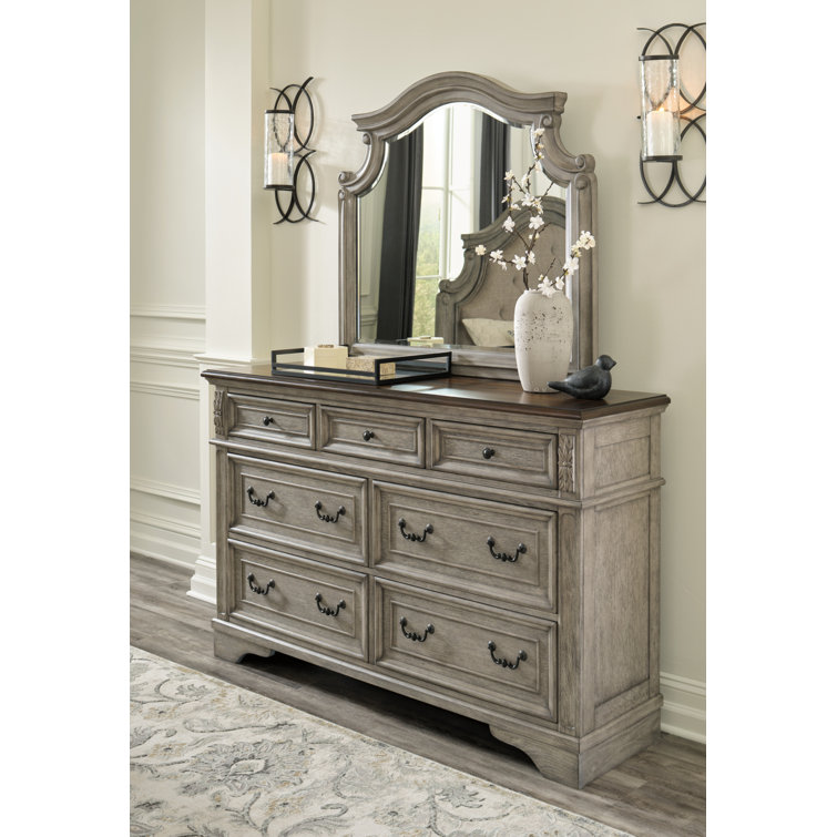 Antique Gray and Walnut 7-Drawer Dresser with Mirror