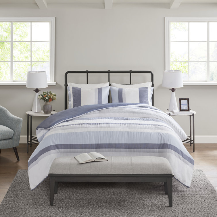 Full/Queen Blue Striped Jacquard Duvet Cover Set