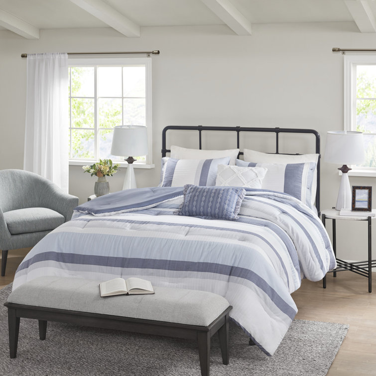Full/Queen Blue Striped Jacquard Duvet Cover Set