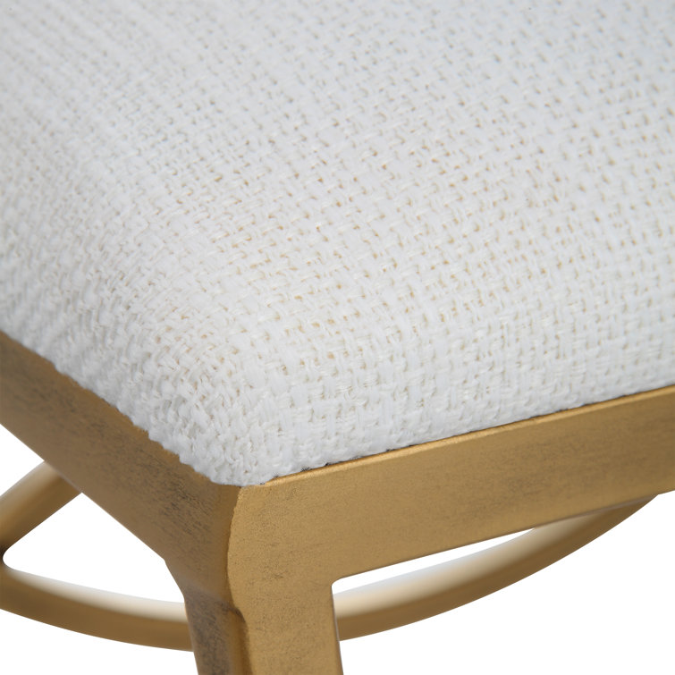 Off-White Upholstered Iron Accent Stool with Brass Finish