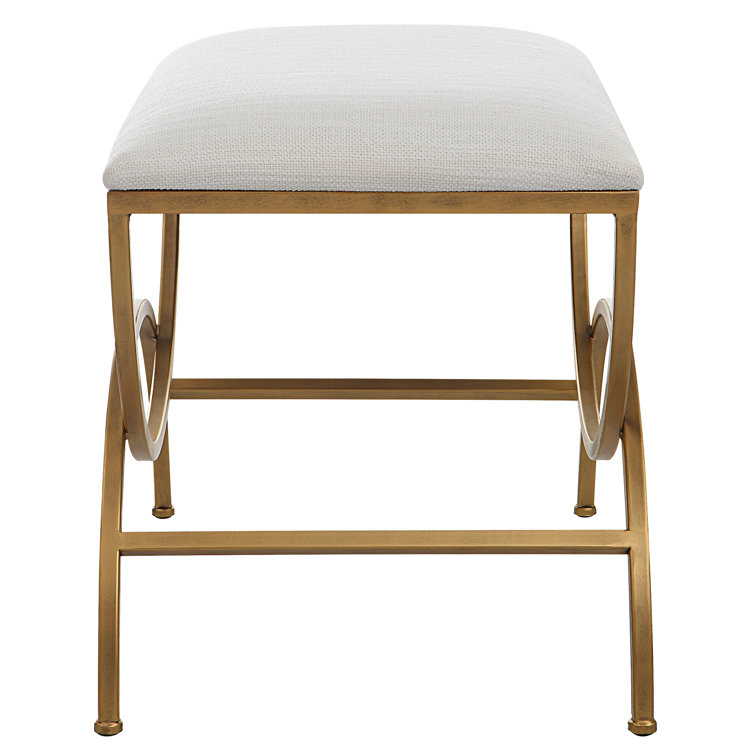 Off-White Upholstered Iron Accent Stool with Brass Finish