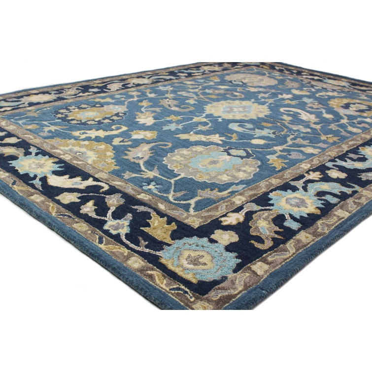 Azure Blue Floral Hand-Tufted Wool and Cotton Rug