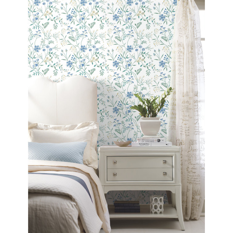 White and Blue Floral Self-Adhesive Peel and Stick Wallpaper Roll