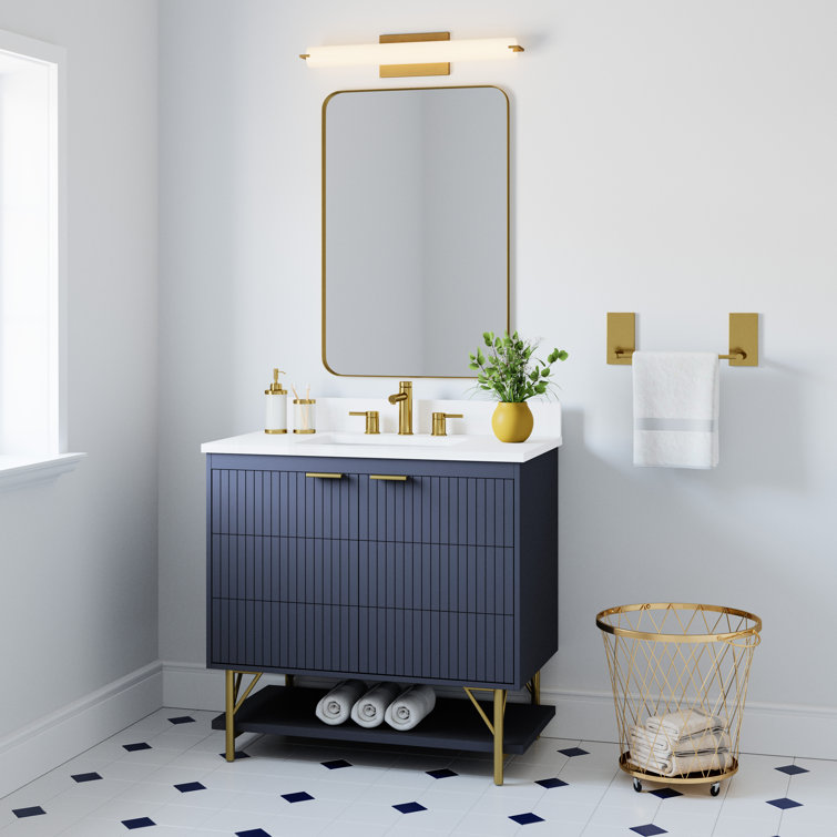 Navy Blue 36-Inch Single Bathroom Vanity with Quartz Top and Gold Legs