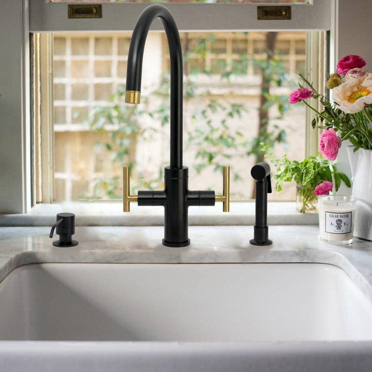 Matte Black and Brushed Gold Double Handle Kitchen Faucet with Side Spray
