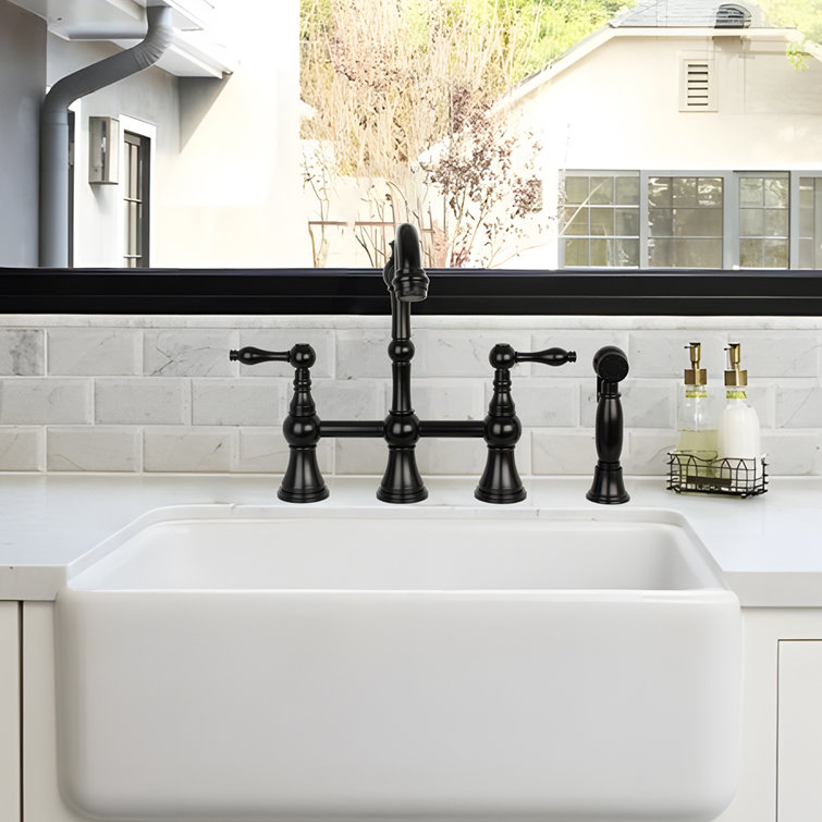Matte Black Brass Bridge Kitchen Faucet with Pull-out Spray