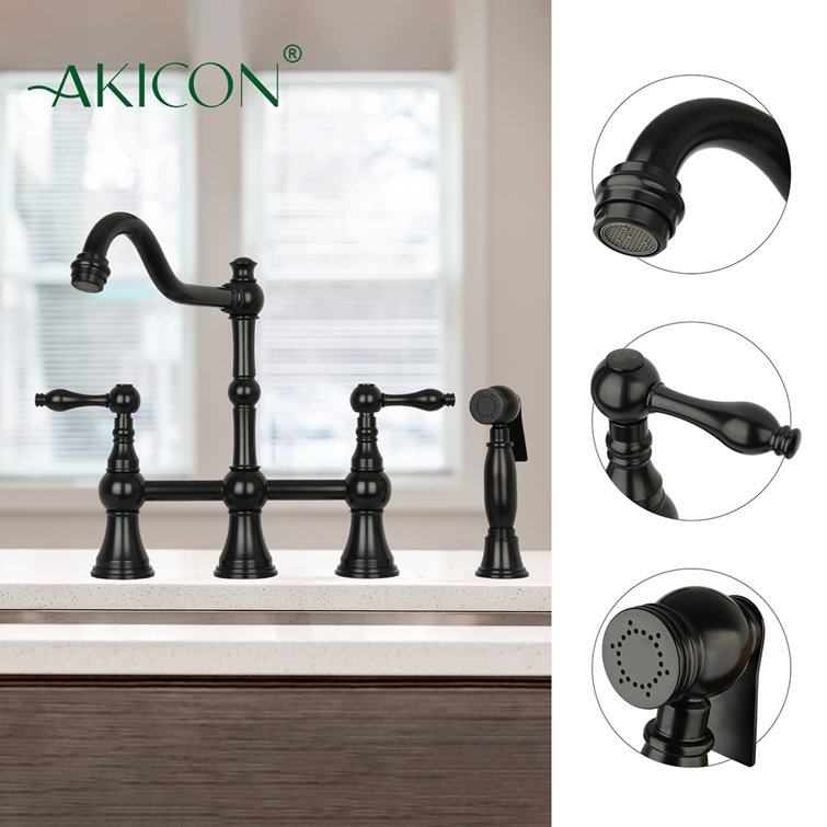 Matte Black Brass Bridge Kitchen Faucet with Pull-out Spray