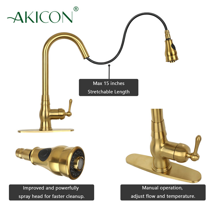 Brushed Gold Solid Brass Pull Down Kitchen Faucet with Single Handle