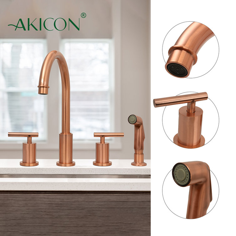 Copper Brushed Double Handle High-Arc Kitchen Faucet with Side Spray
