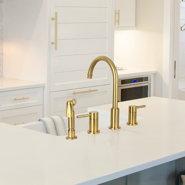 Brushed Gold Brass Double Handle Kitchen Faucet with Pull-out Spray