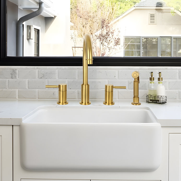 Brushed Gold Brass Double Handle Kitchen Faucet with Pull-out Spray