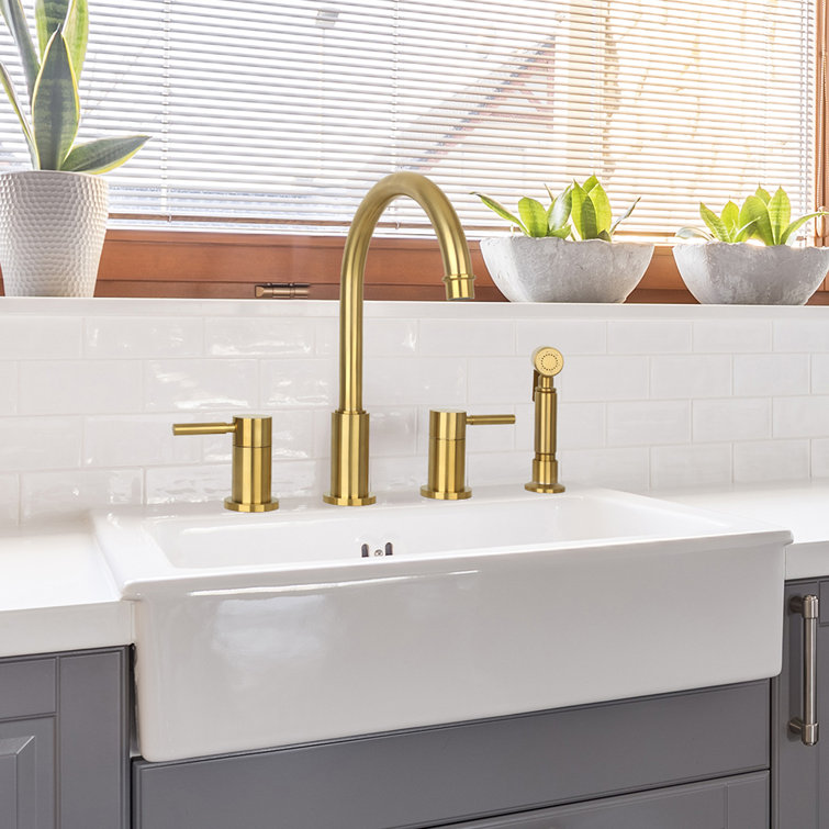 Brushed Gold Brass Double Handle Kitchen Faucet with Pull-out Spray