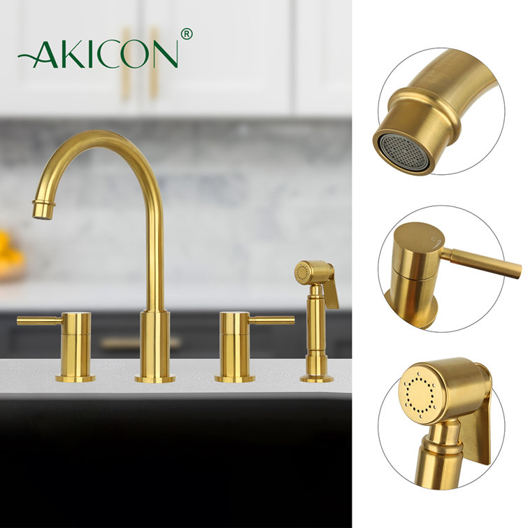 Brushed Gold Brass Double Handle Kitchen Faucet with Pull-out Spray