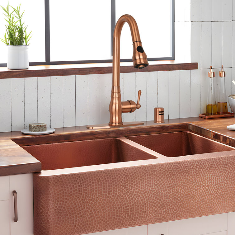 Copper Pull-Down Kitchen Faucet with Single Handle and Deck Plate