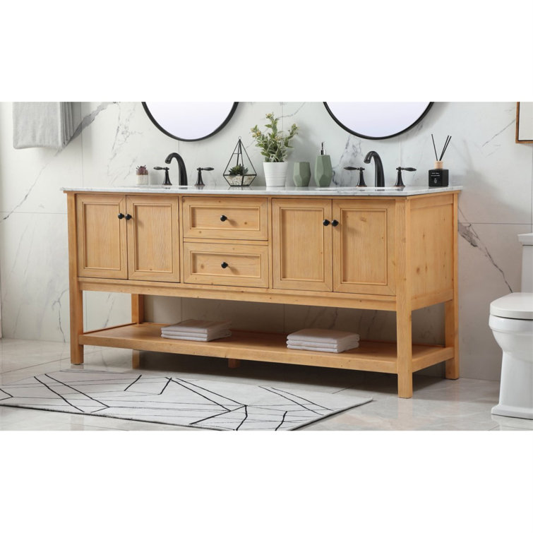 Natural Wood 72'' Double Bathroom Vanity with Carrara Marble Top
