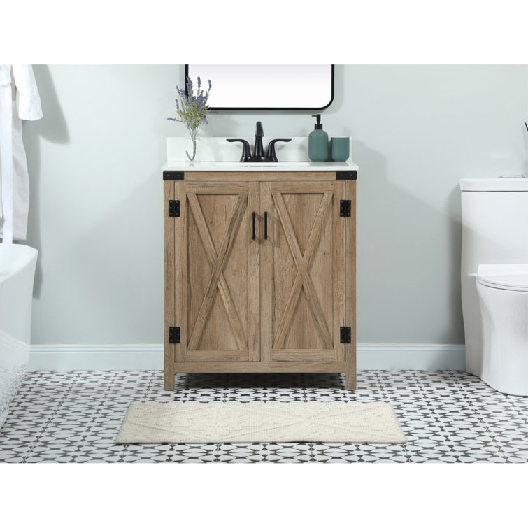Natural Oak Freestanding Single Vanity with White Quartz Top