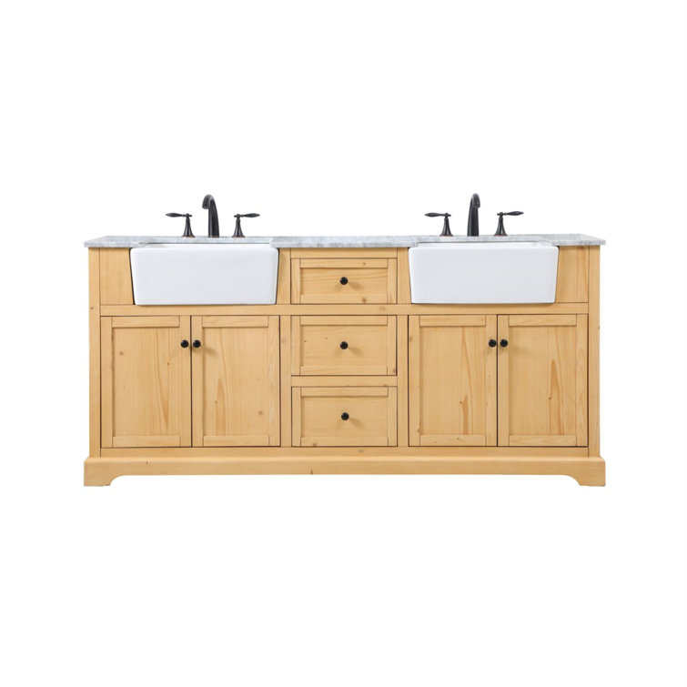 Natural Wood Double Bathroom Vanity with Carrara Marble Top