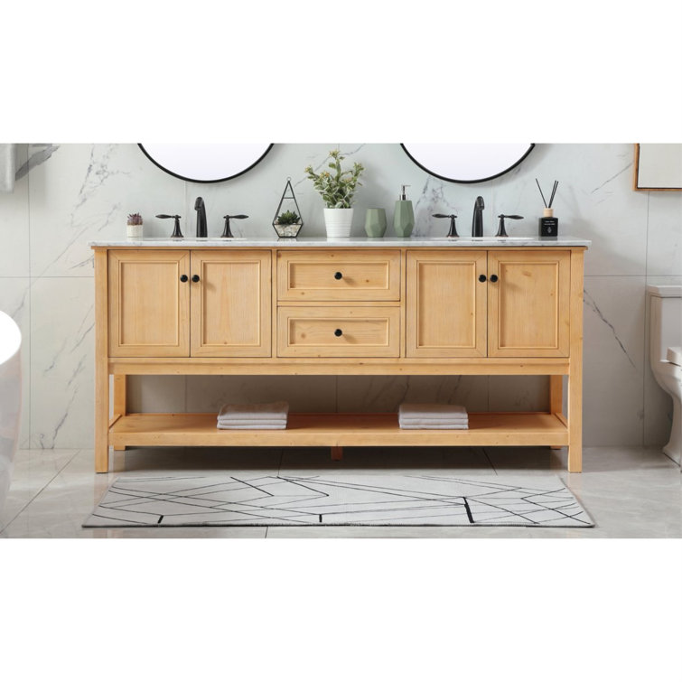 Natural Wood 72'' Double Bathroom Vanity with Carrara Marble Top
