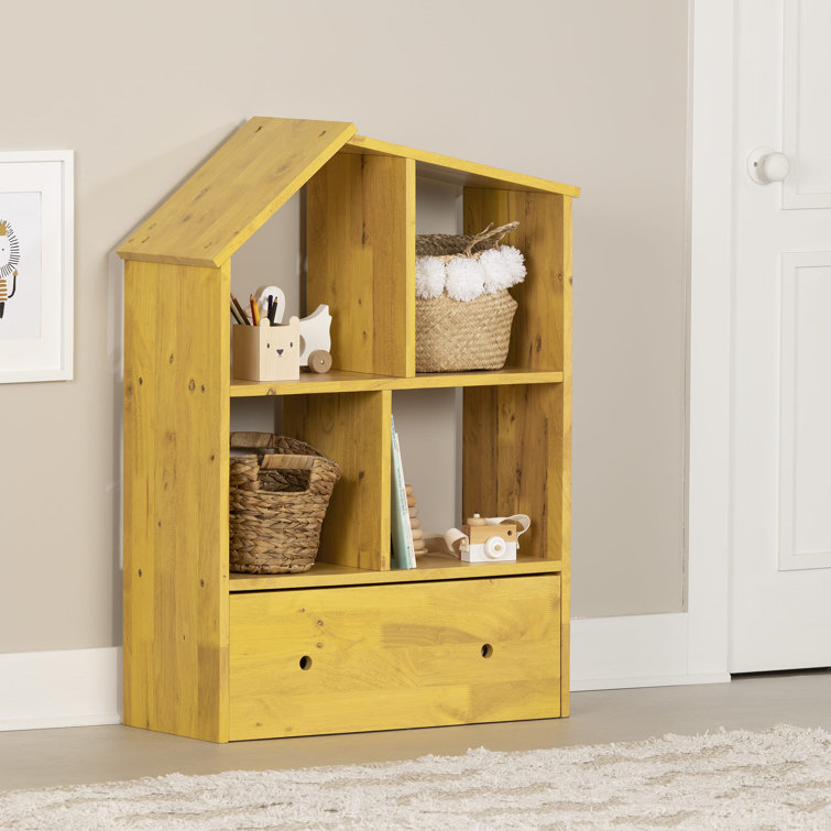 Yellow Adjustable Kids Wooden Bookcase with Storage Bin