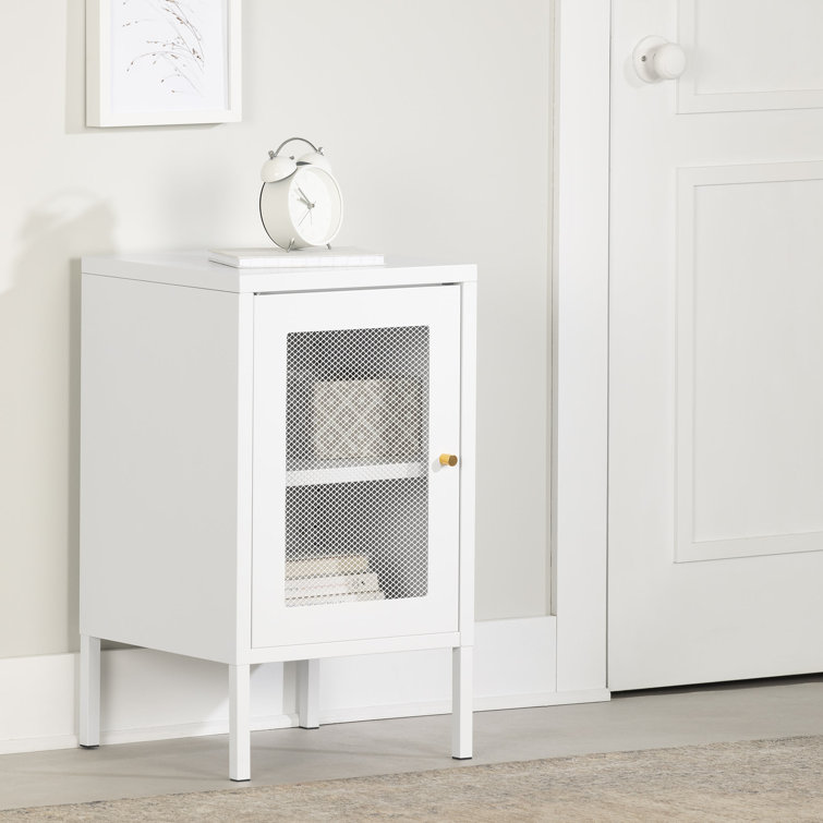 White Metal Mesh Scandinavian Nightstand with Gold Handle