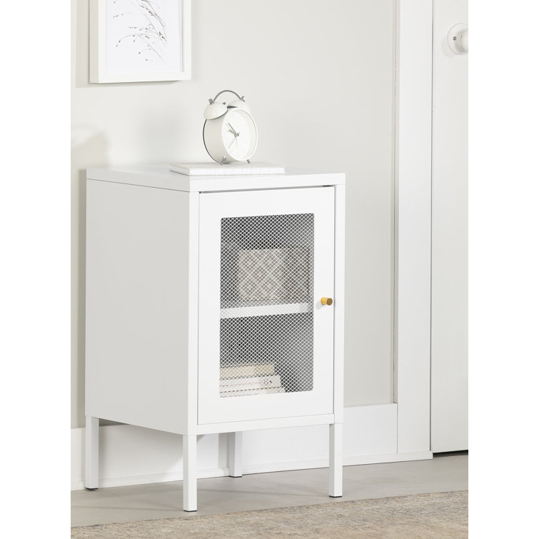 White Metal Mesh Scandinavian Nightstand with Gold Handle