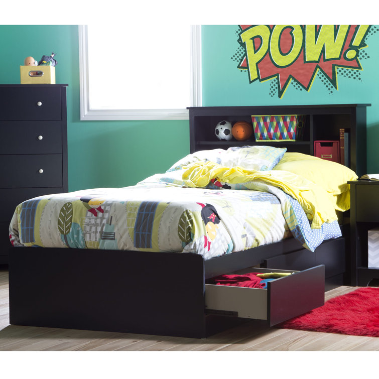 Black Twin Wood Platform Bed with Storage and Bookcase Headboard