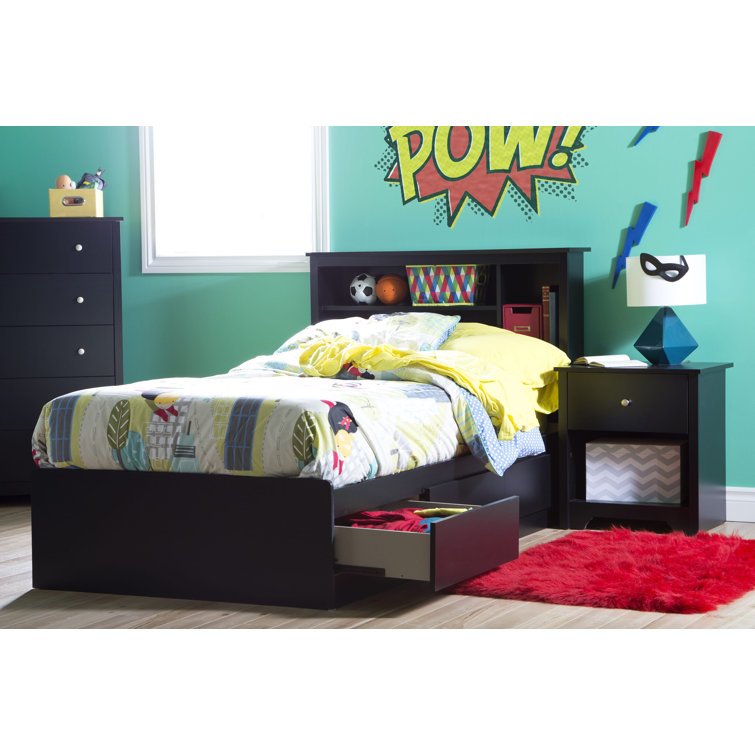 Black Twin Wood Platform Bed with Storage and Bookcase Headboard