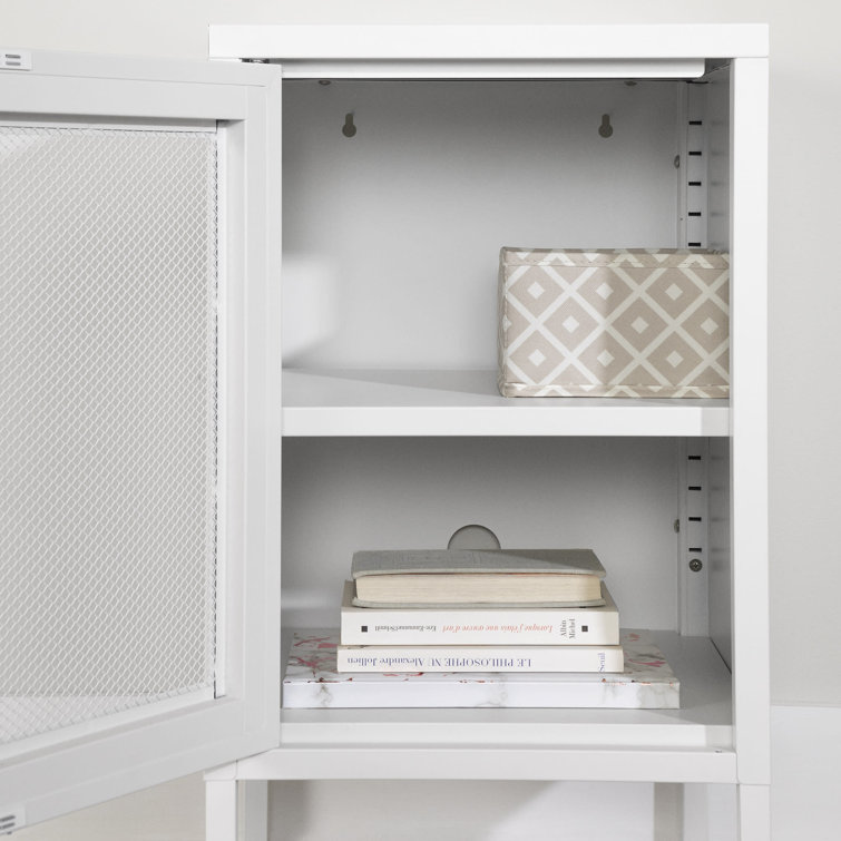 White Metal Mesh Scandinavian Nightstand with Gold Handle