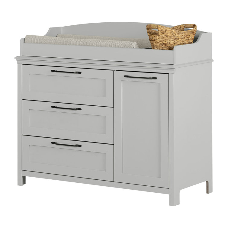 Soft Gray 3-Drawer Changing Table Dresser with Sliding Shelves