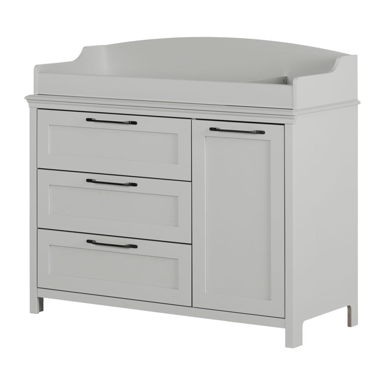 Soft Gray 3-Drawer Changing Table Dresser with Sliding Shelves