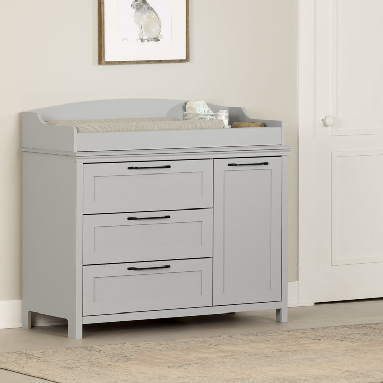 Soft Gray 3-Drawer Changing Table Dresser with Sliding Shelves