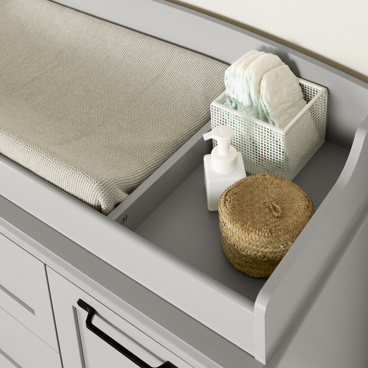 Soft Gray 3-Drawer Changing Table Dresser with Sliding Shelves