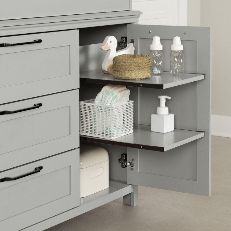 Soft Gray 3-Drawer Changing Table Dresser with Sliding Shelves