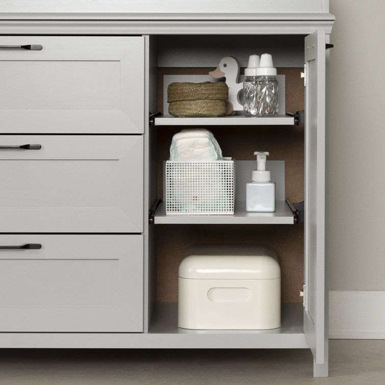 Soft Gray 3-Drawer Changing Table Dresser with Sliding Shelves