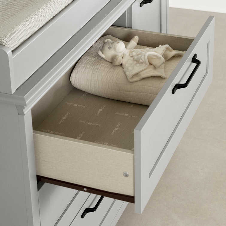 Soft Gray 3-Drawer Changing Table Dresser with Sliding Shelves