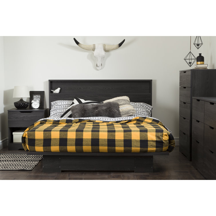 Gray Oak Queen Platform Bed with Upholstered Headboard and Drawer