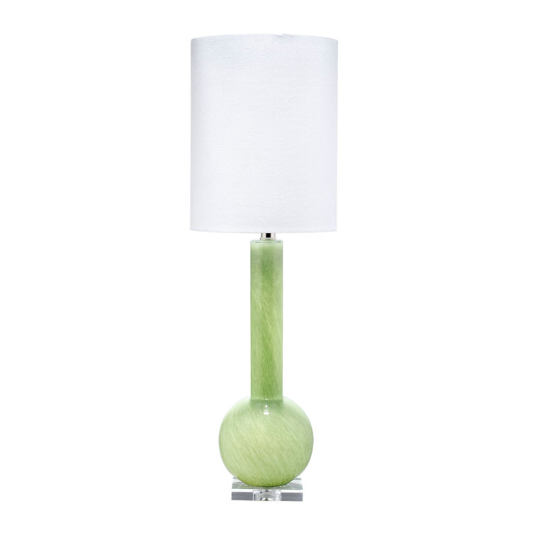 Leaf Green Glass Table Lamp with White Linen Shade