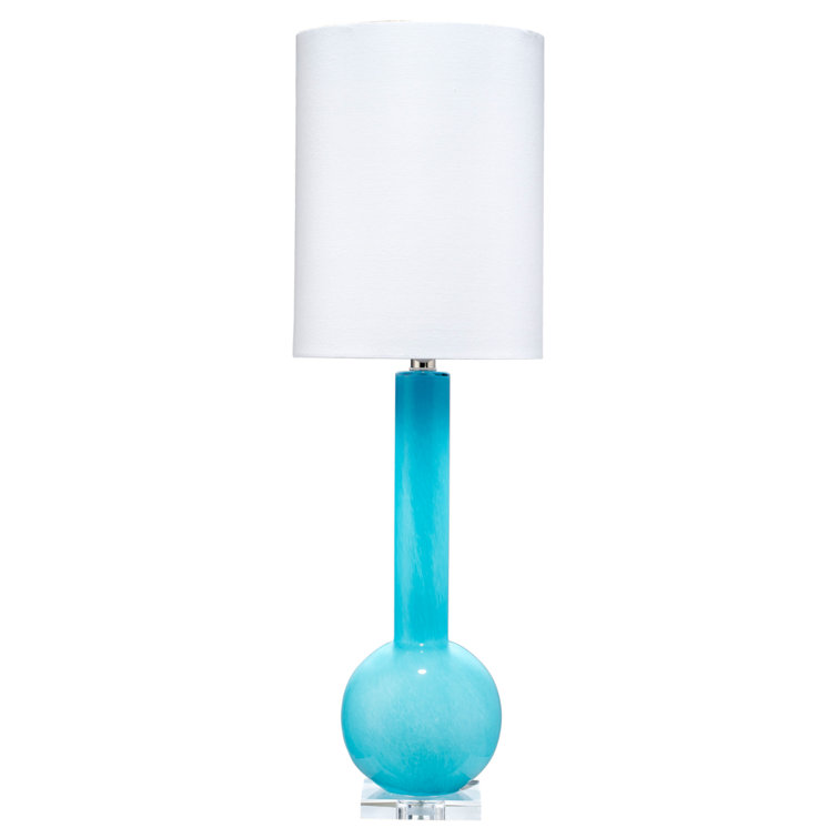 Elegant Blue Glass Stick Table Lamp with White Linen Shade