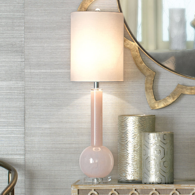 Petal Pink Glass Table Lamp with White Linen Shade
