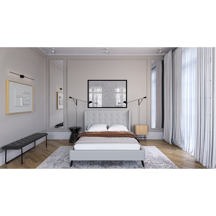 Light Gray Queen Upholstered Tufted Wingback Bed