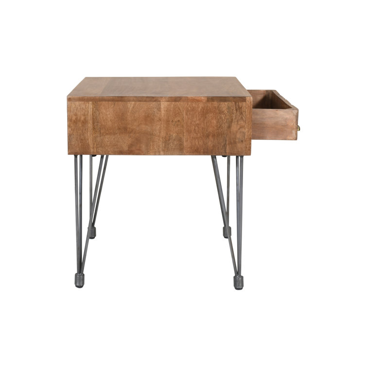 Industrial Brown Wood and Metal Square End Table with Storage