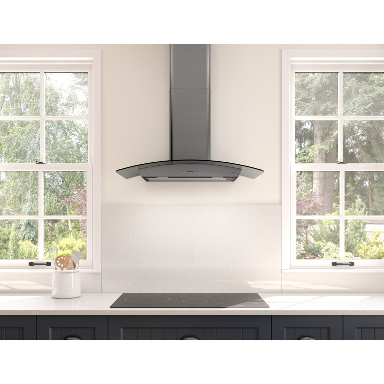 30" Black Stainless Steel Wall Mounted Range Hood with Glass Canopy