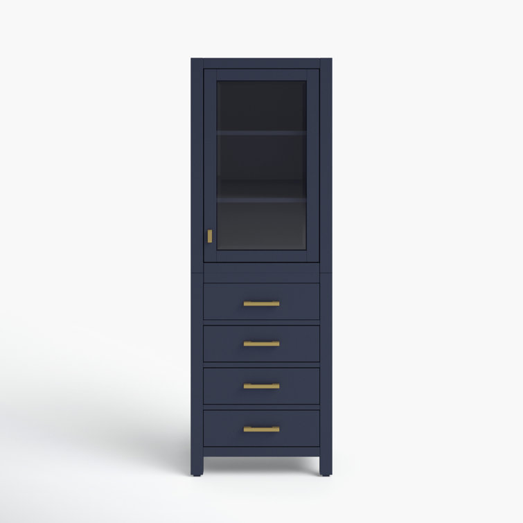 Navy Blue Poplar Wood Freestanding Bathroom Linen Cabinet with Adjustable Shelving