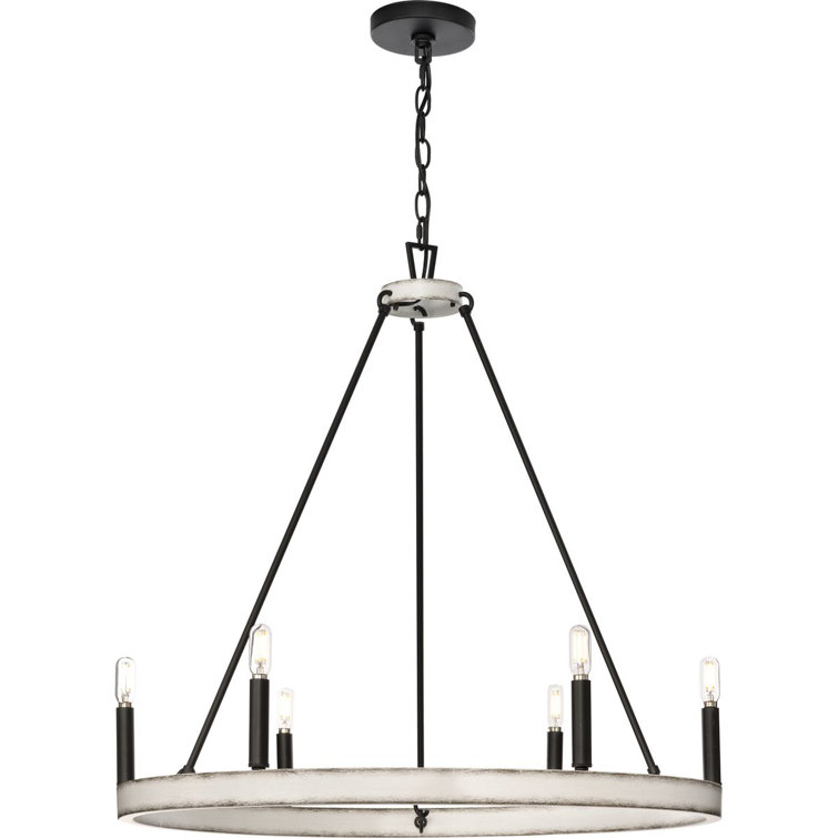 Distressed White and Matte Black 6-Light Wagon Wheel Chandelier