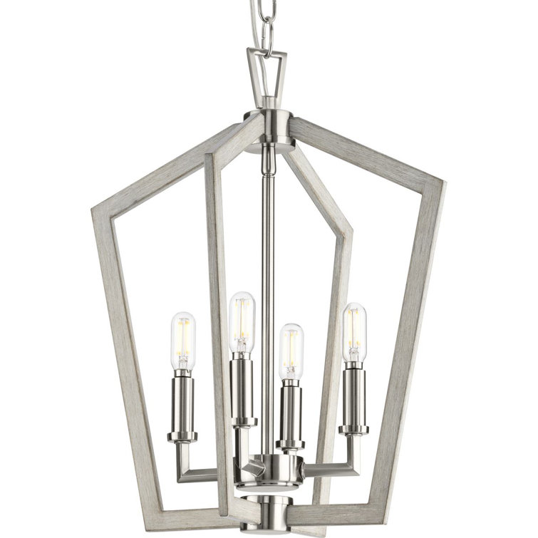 Brushed Nickel 4-Light Candelabra Chandelier with Oak Finish