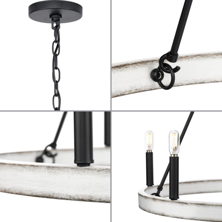Distressed White and Matte Black 6-Light Wagon Wheel Chandelier