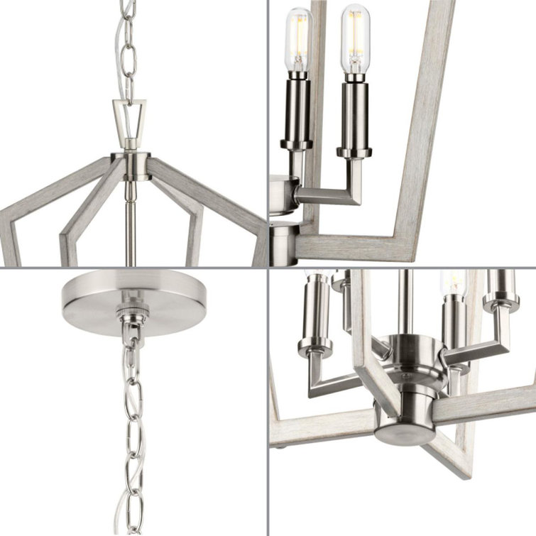 Brushed Nickel 4-Light Candelabra Chandelier with Oak Finish
