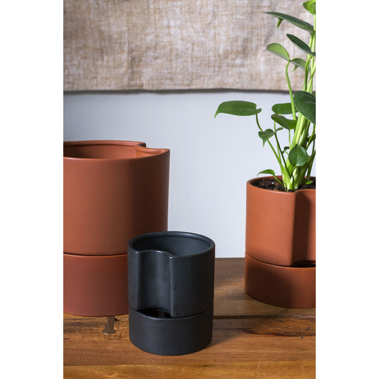 Black Ceramic Self-Watering Planter with Saucer