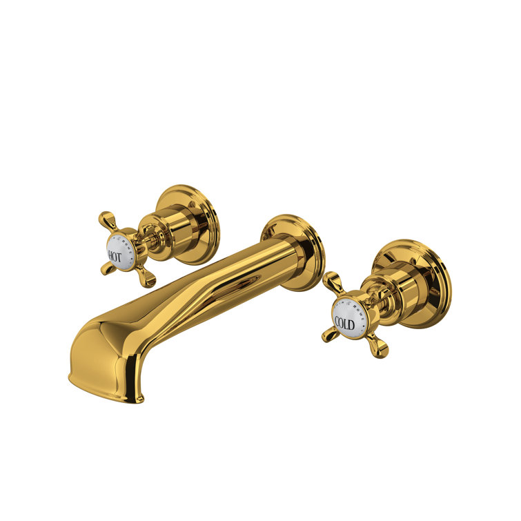 Edwardian Brass Wall Mounted Widespread Faucet