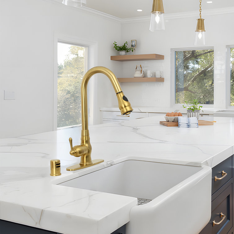 Brushed Gold Brass Pull Down Kitchen Faucet with Deck Plate
